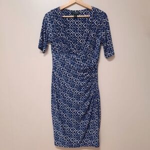 Lauren Ralph Lauren Size 8 Midi Dress Blue Diamond Geometric Faux Wrap Bodycon